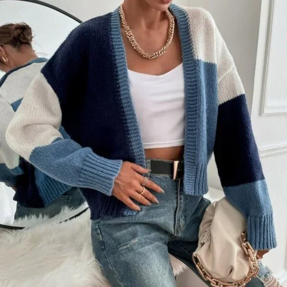 SHADES OF BLUE COLOR BLOCK CARDIGAN WINTER FALL - Picture 5 of 7